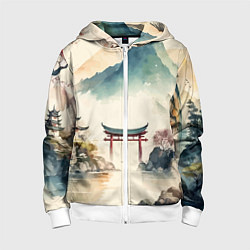 Толстовка на молнии детская Японский пейзаж - акварель, цвет: 3D-белый