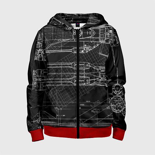 Детская толстовка на молнии Чертеж ракеты на чёрном фоне / 3D-Красный – фото 1