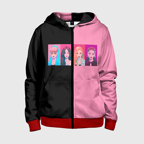Детская толстовка на молнии Группа Black pink на черно-розовом фоне / 3D-Красный – фото 1