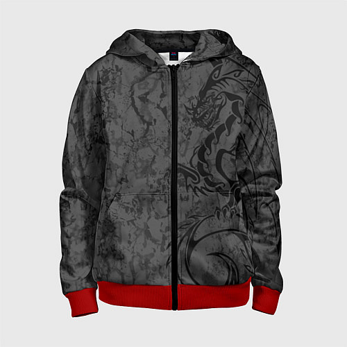 Детская толстовка на молнии Black dragon - grunge / 3D-Красный – фото 1