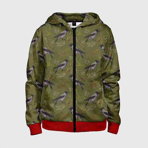 Детская толстовка на молнии Вороны и еловые веточки / 3D-Красный – фото 1