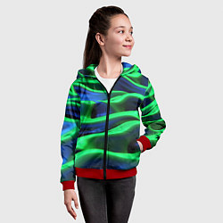 Толстовка на молнии детская Зеленые неоновые волны, цвет: 3D-красный — фото 2