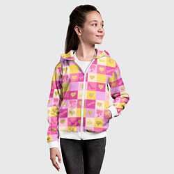 Толстовка на молнии детская Барби: желтые и розовые квадраты паттерн, цвет: 3D-белый — фото 2