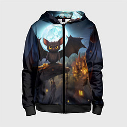 Толстовка на молнии детская Летучая мышка на фоне луны и замка, цвет: 3D-черный