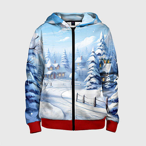 Детская толстовка на молнии Снежный зимний фон / 3D-Красный – фото 1