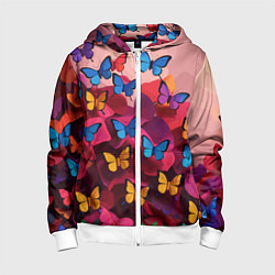 Толстовка на молнии детская Разноцветные бабочки - розовые цветы, цвет: 3D-белый