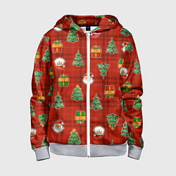 Толстовка на молнии детская Елочки и Санта - паттерн красная клетка, цвет: 3D-меланж