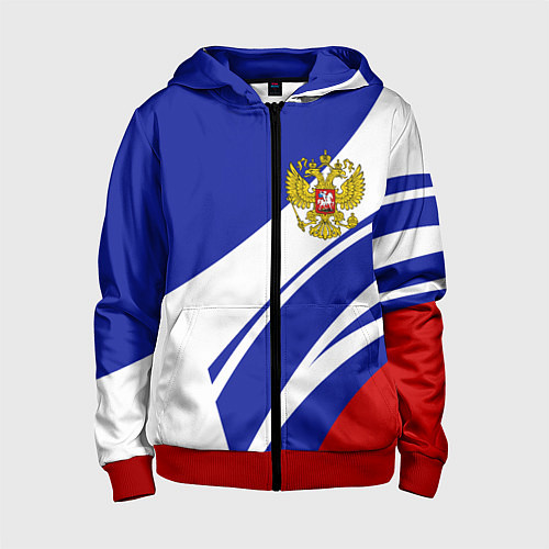 Детская толстовка на молнии Герб России на абстрактных полосах / 3D-Красный – фото 1