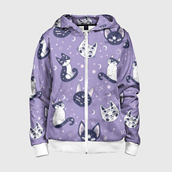 Толстовка на молнии детская Мистические кошечки - паттерн фиолетовый, цвет: 3D-белый
