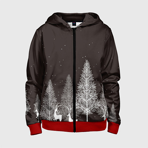 Детская толстовка на молнии Олени в лесу / 3D-Красный – фото 1