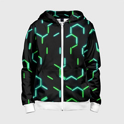 Толстовка на молнии детская Зеленые неоновые неполные гексагоны, цвет: 3D-белый