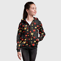 Толстовка на молнии детская Паттерн с сердечками и котами валентинка, цвет: 3D-черный — фото 2