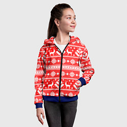 Толстовка на молнии детская Новый год ели и олени на красном фоне, цвет: 3D-синий — фото 2