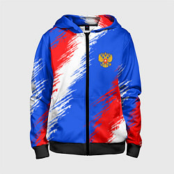 Толстовка на молнии детская Триколор штрихи с гербор РФ, цвет: 3D-черный