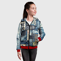 Толстовка на молнии детская Иероглифы на пэчворк дениме, цвет: 3D-красный — фото 2