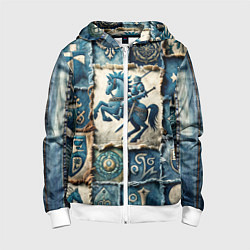 Толстовка на молнии детская Рыцарь на пэчворк дениме, цвет: 3D-белый
