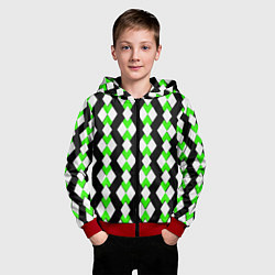 Толстовка на молнии детская Зелёные и белые ромбы на чёрном фоне, цвет: 3D-красный — фото 2