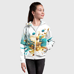 Толстовка на молнии детская Бирюзово голубая абстракция, брызги краски на бело, цвет: 3D-белый — фото 2