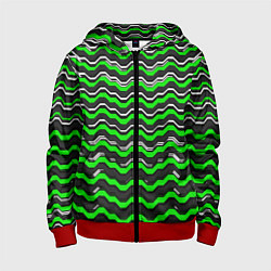 Толстовка на молнии детская Белые и зелёные полосы на чёрном фоне, цвет: 3D-красный
