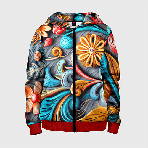 Детская толстовка на молнии Растительный узор - нейросеть / 3D-Красный – фото 1