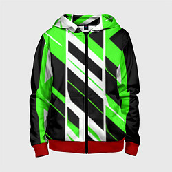 Толстовка на молнии детская Black and green stripes on a white background, цвет: 3D-красный