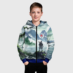 Толстовка на молнии детская Самурай на берегу горного озера - нейросеть, цвет: 3D-синий — фото 2