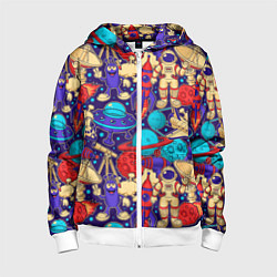 Толстовка на молнии детская Космические мультяшные персонажи, цвет: 3D-белый