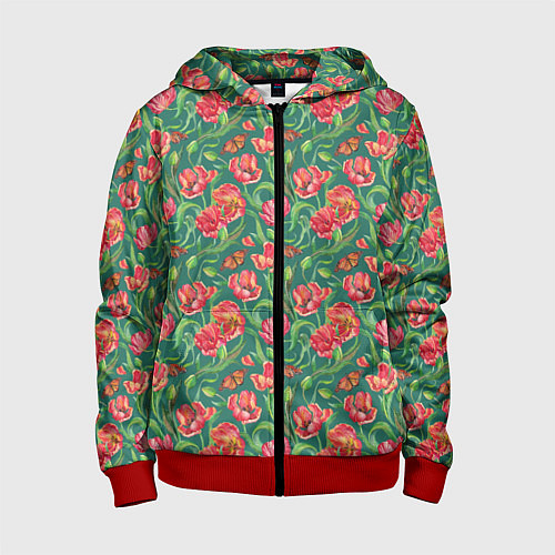 Детская толстовка на молнии Тюлпаны с бабочками / 3D-Красный – фото 1