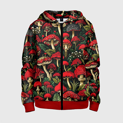 Детская толстовка на молнии Лесные красные грибы мухоморы - паттерн / 3D-Красный – фото 1