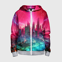 Толстовка на молнии детская Неоновая гроза в мегаполисе - удар молнии, цвет: 3D-меланж