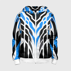 Толстовка на молнии детская Агрессивные сине-белые полосы на чёрном фоне, цвет: 3D-белый