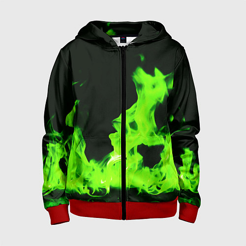 Детская толстовка на молнии Кислотный зелёный огонь / 3D-Красный – фото 1