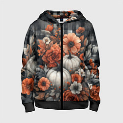 Толстовка на молнии детская Белые тыква с цветами, цвет: 3D-черный