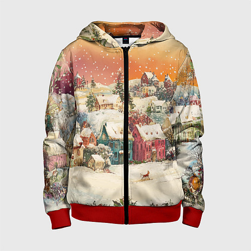 Детская толстовка на молнии Новогодний город из разноцветных домов / 3D-Красный – фото 1