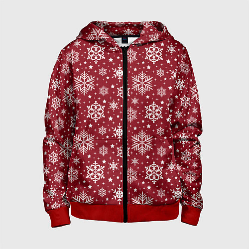 Детская толстовка на молнии Новогодний узор - белые снежинки на красном фоне / 3D-Красный – фото 1