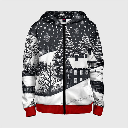 Детская толстовка на молнии Новый год в черно-белом стиле / 3D-Красный – фото 1