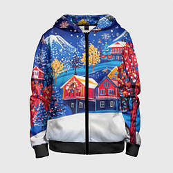 Толстовка на молнии детская Новогодний городок в горах, цвет: 3D-черный