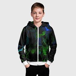 Толстовка на молнии детская Сине-зелёные точки и линии на чёрном фоне, цвет: 3D-белый — фото 2