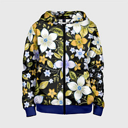 Толстовка на молнии детская Жёлто-белые цветы на чёрном фоне, цвет: 3D-синий