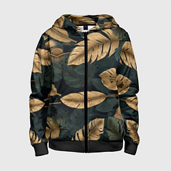 Толстовка на молнии детская Золотые листья монстеры и перья, цвет: 3D-черный