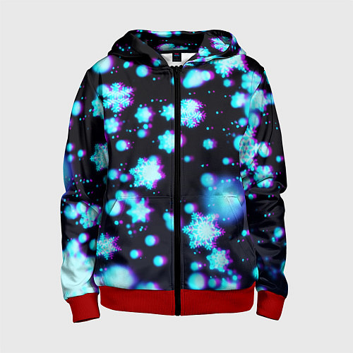 Детская толстовка на молнии Неоновые снежинки глитч / 3D-Красный – фото 1