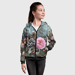 Толстовка на молнии детская Новогодние цветы и шишки, цвет: 3D-черный — фото 2