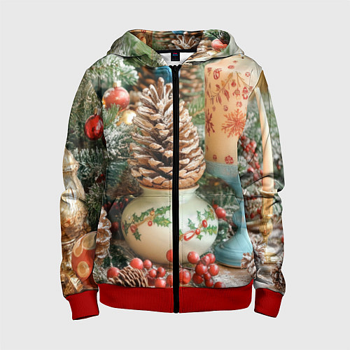 Детская толстовка на молнии Новогодняя атрибутика / 3D-Красный – фото 1