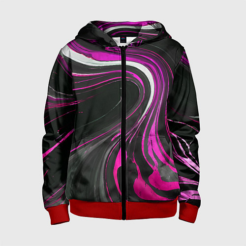 Детская толстовка на молнии Волнистые бело-розовые линии на чёрном фоне / 3D-Красный – фото 1