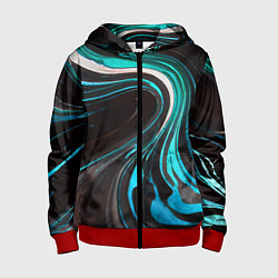 Толстовка на молнии детская Волнистые бело-голубые линии на чёрном фоне, цвет: 3D-красный