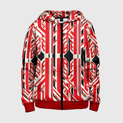 Детская толстовка на молнии Бело-красные техно полосы на чёрном фоне / 3D-Красный – фото 1
