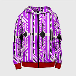 Толстовка на молнии детская Бело-фиолетовые техно полосы на чёрном фоне, цвет: 3D-красный