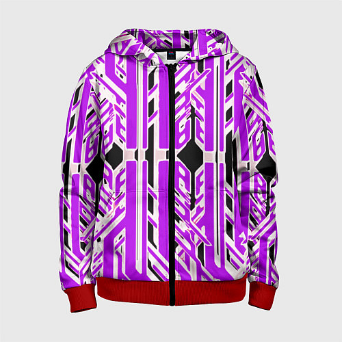 Детская толстовка на молнии Бело-фиолетовые техно полосы на чёрном фоне / 3D-Красный – фото 1