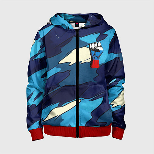 Детская толстовка на молнии Синий камуфляж русская сила / 3D-Красный – фото 1