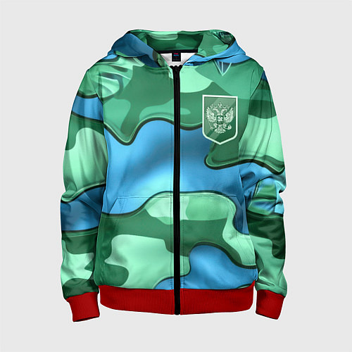 Детская толстовка на молнии Зелено-голубой камуфляж и герб РФ / 3D-Красный – фото 1